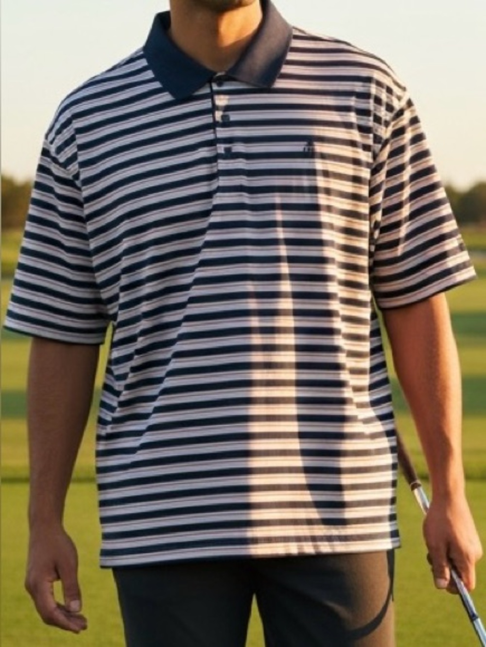Adidas Striped Short-Sleeve Golf Polo Shirt in Navy Red and Gray in EUC